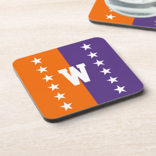 College Colours Orange, Purple & White Monogram Coaster
