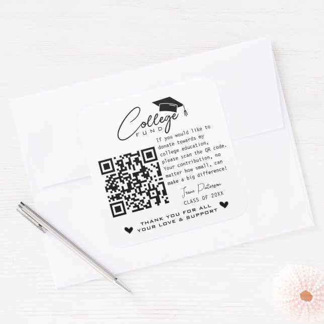 College Fund Qr Code Black White Graduation Modern Square Sticker (Envelope)