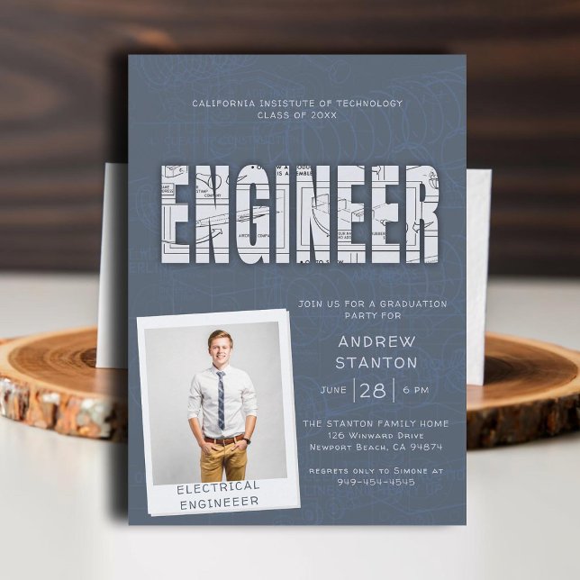 College Graduation Party Engineer Technology Grey Invitation (college grad engineering engineer graduation ceremony party invitation gray blue technical science)