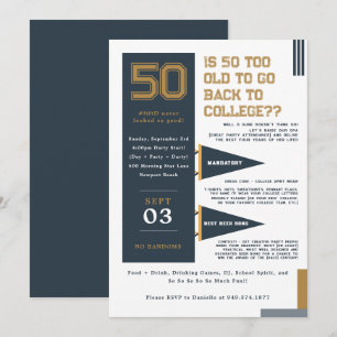 College Pennants   Blue & Gold 50th Birthday Invitation