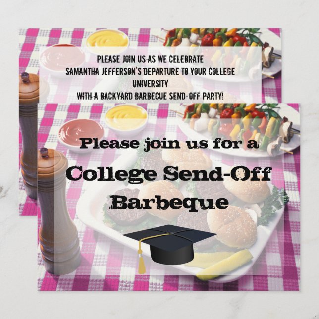 College Send-off Party BBQ Burgers Pink Tablecloth Invitation (Front/Back)