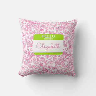 College Sorority Pink White Green HELLO MY NAME IS Throw Pillow