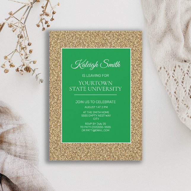 College Trunk Party Elegant Gold Glitter Green Invitation (Green and gold glitter graduation trunk party invitation)