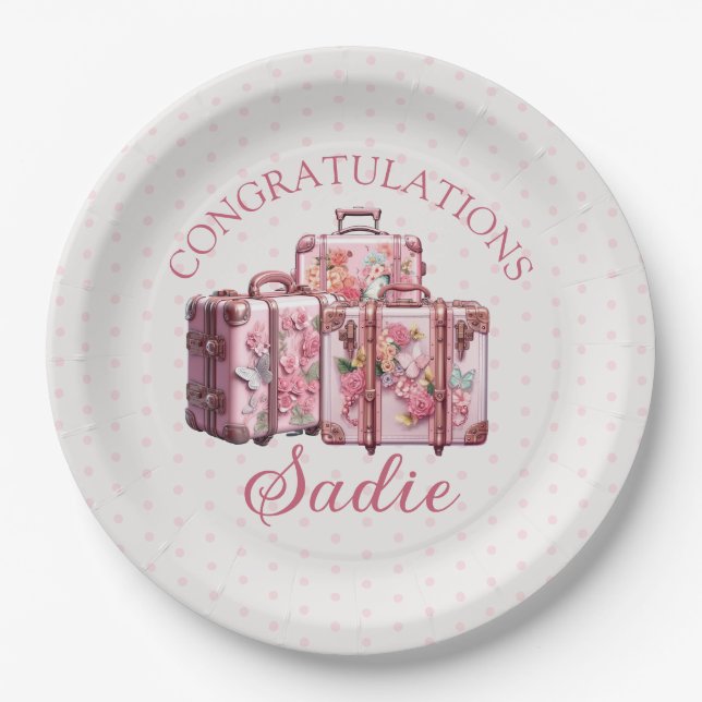 College Trunk Party Vintage Pink Congratulations  Paper Plate (Front)
