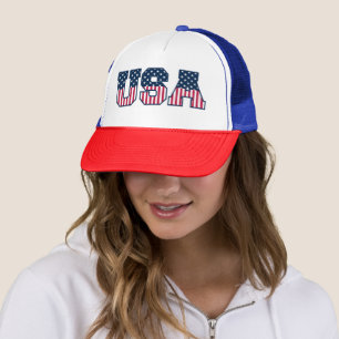 College USA Font Red White Blue Stars And Stripes Trucker Hat