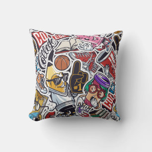 College Vibes Cartoon Collage – Fun & Trendy  Throw Pillow