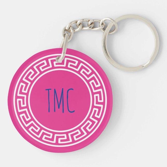 Collegiate Greek Key Sorority Initials Pink Fun Keychain (Back)
