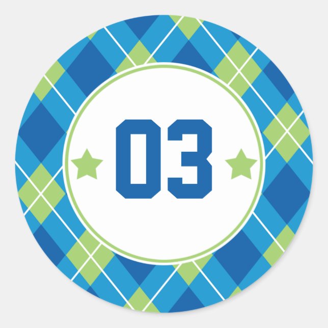 Collegiate Style Blue & Green Argyle Personalized Classic Round Sticker (Front)