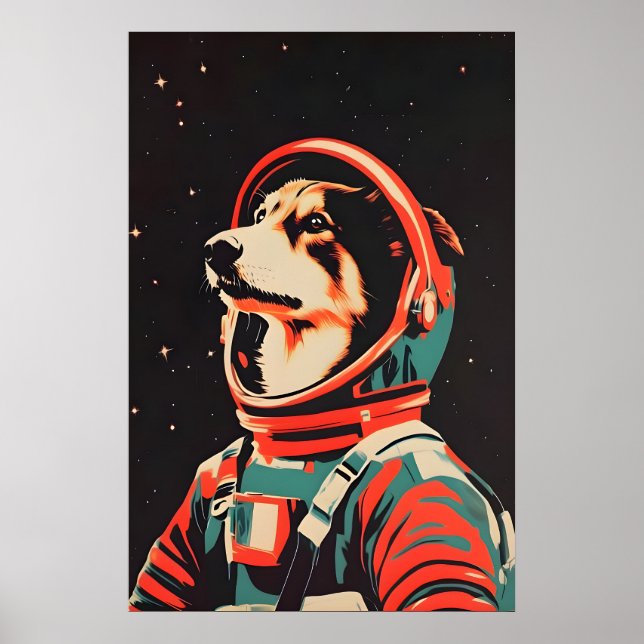 Collie Astronaut Poster, Collie Retro Print (Front)