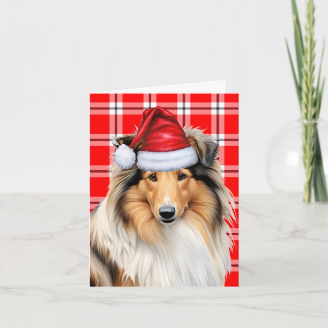 Collie Christmas Dog Red Plaid Christmas Holiday Card (Front)