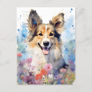 Collie colourful watercolor artwork postcard
