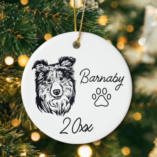 Collie Dog Custom Name & Year Line Art Ceramic Ornament (Collie Dog Custom Name and Year Ornament with Paw Print. Black and White Line Art Modern)