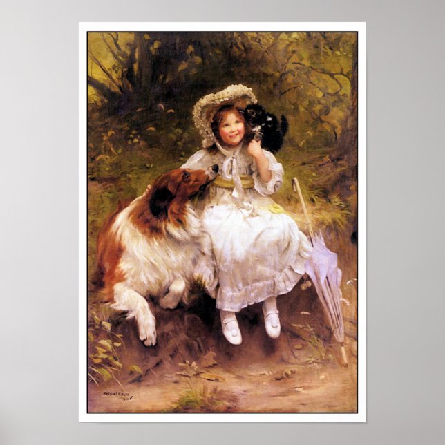 Collie Dog, Girl and Cat Poster Print (Front)