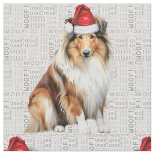 Collie Dog on Grey Woof Art Christmas Holiday Fabric