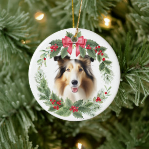 Collie Dog Red Bow Holly Wreath Ceramic Ornament