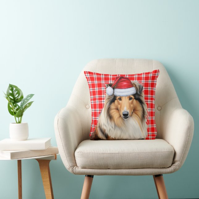 Collie Dog Red Plaid Christmas Holiday Throw Pillow (Chair)