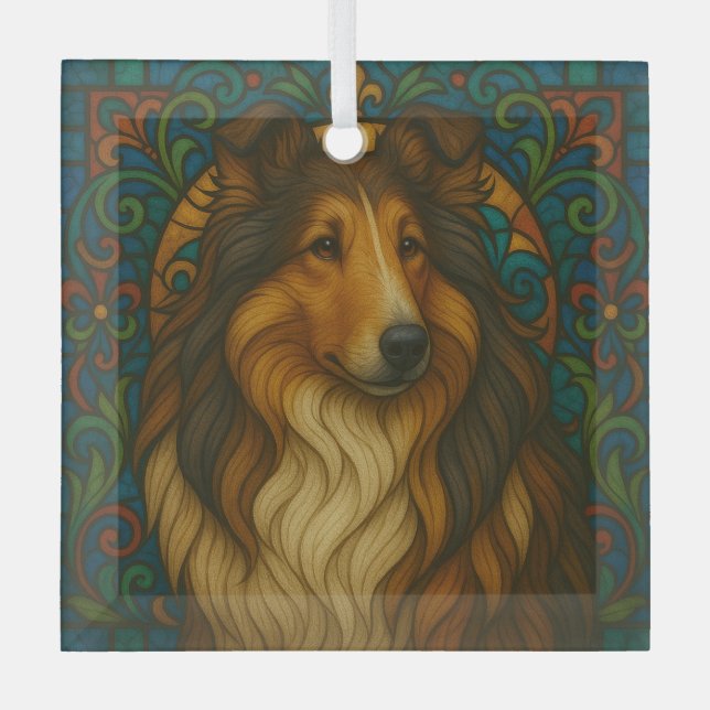 Collie Dog "Stained Glass"  Glass Ornament (Front)