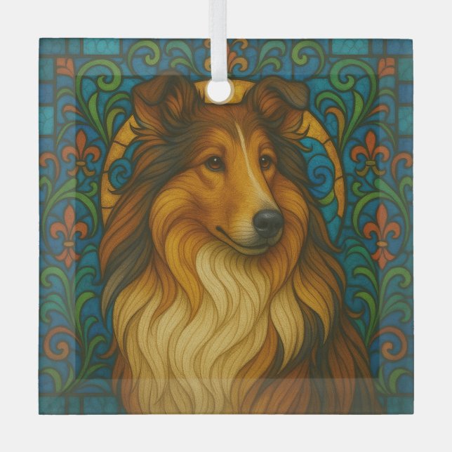 Collie Dog "Stained Glass"  Glass Ornament (Front)
