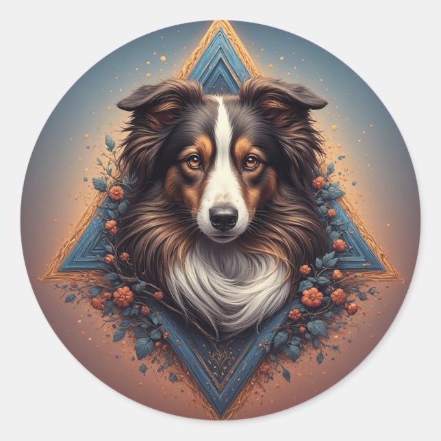 Collie Dog with Vibrant Geometric Background Classic Round Sticker (Front)