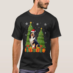 Collie Dog Xmas Tree Lights Santa Hat Ugly Christm T-Shirt