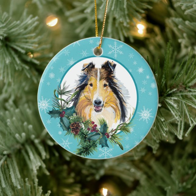 Collie Evergreen Blue Snowflake Border Ceramic Ornament (Tree)