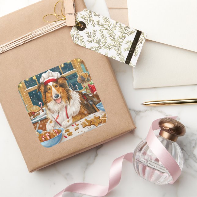Collie Holiday Baking: Festive Christmas Square Sticker (Gifting)