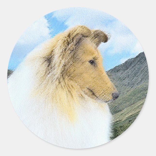 Collie in Mountains (Rough) Painting - Dog Art Classic Round Sticker (Front)
