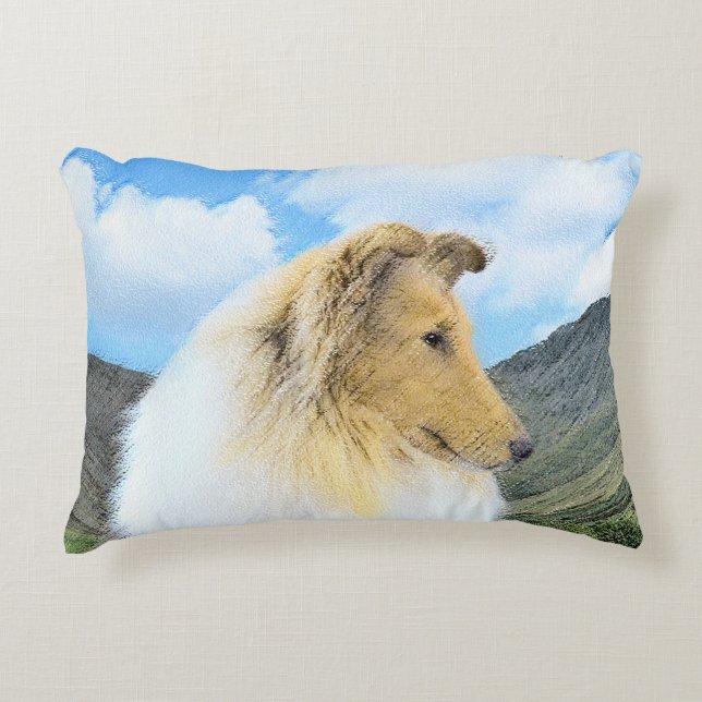 Collie in Mountains (Rough) Painting - Dog Art Decorative Pillow (Front)