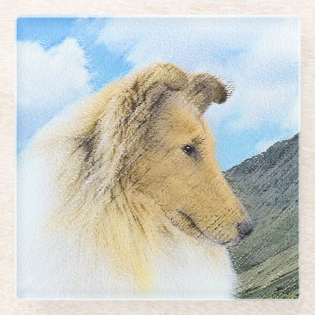 Collie in Mountains (Rough) Painting - Dog Art Glass Coaster (Front)