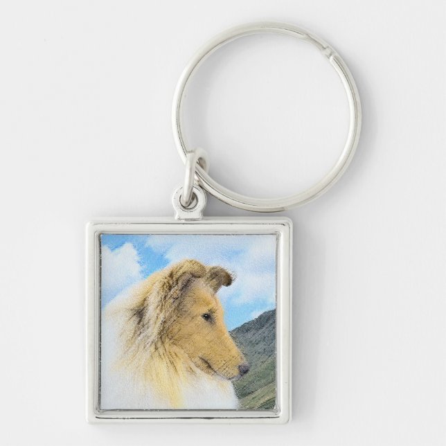Collie in Mountains (Rough) Painting - Dog Art Keychain (Front)