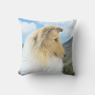 Collie in Mountains (Rough) Painting - Dog Art Outdoor Pillow