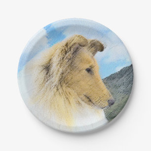 Collie in Mountains (Rough) Painting - Dog Art Paper Plate