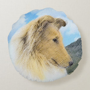 Collie in Mountains (Rough) Painting - Dog Art Round Pillow