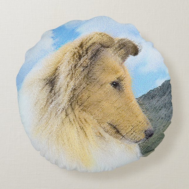 Collie in Mountains (Rough) Painting - Dog Art Round Pillow (Back)