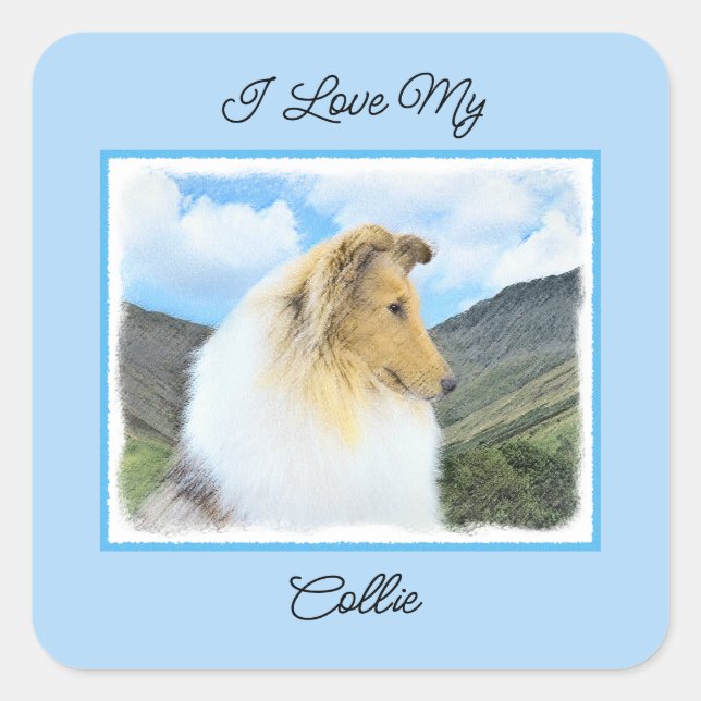 Collie in Mountains (Rough) Painting - Dog Art Square Sticker (Front)