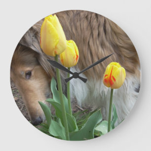 Collie N the Tulips Wall Clock