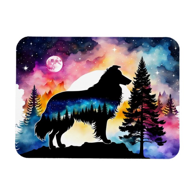 Collie on mountain top on colourful forest magnet (Horizontal)