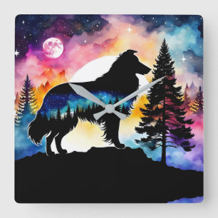 Collie on mountain top on colourful forest square wall clock