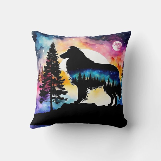 Collie on mountain top on colourful forest throw pillow (Back)