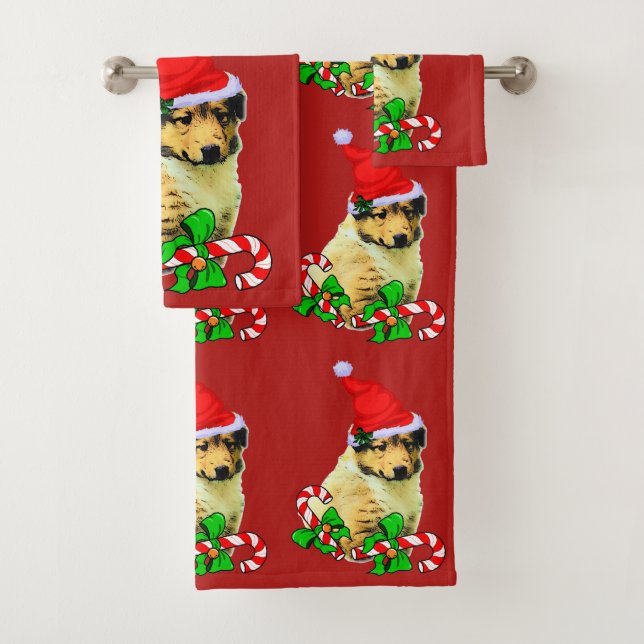 Collie Puppy Christmas Bath Towel Set (Insitu)