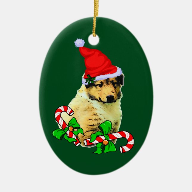 Collie Puppy Christmas Ceramic Ornament (Front)