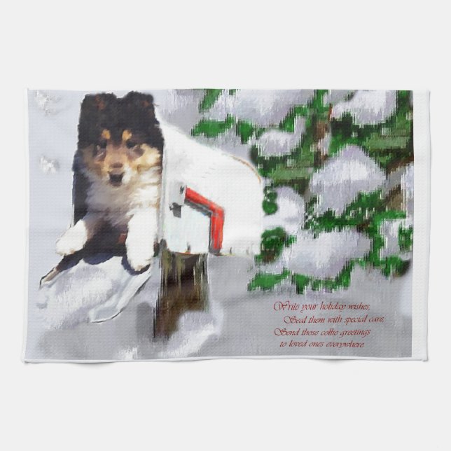 Collie Puppy Christmas Mailbox Kitchen Towel (Horizontal)