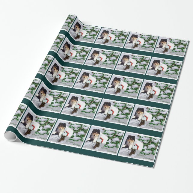 Collie Puppy Christmas Mailbox Wrapping Paper (Unrolled)