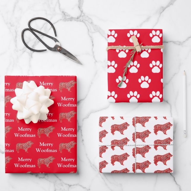 Collie Rough Cute Dog Silhouette Red Merry Woofmas Wrapping Paper Sheet (Front)