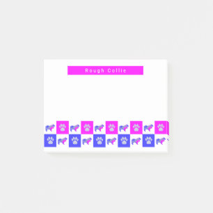 Collie Rough Dog & Paw Hot Pink & Blue Silhouette Post-it Notes