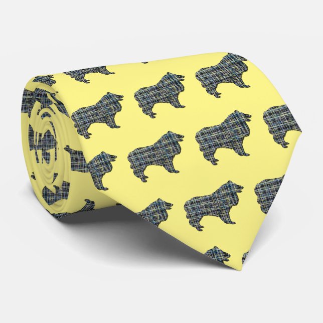 Collie Rough Dog Silhouette Grid Yellow Neck Tie (Rolled)