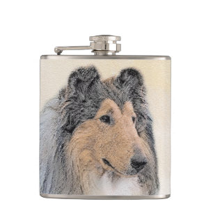 Collie (Rough) Painting - Cute Original Dog Art Hip Flask