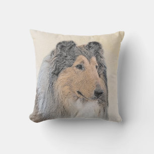 Collie (Rough) Painting - Cute Original Dog Art Outdoor Pillow