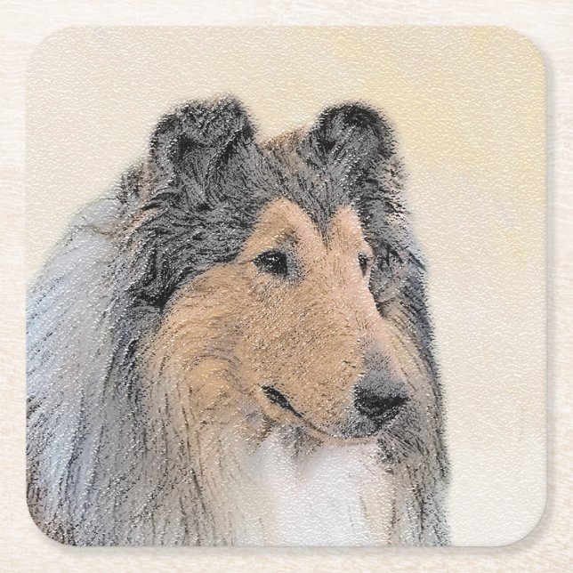 Collie (Rough) Painting - Cute Original Dog Art Square Paper Coaster (Front)