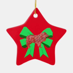 Collie Rough Red Dog & Green Bow Christmas Ceramic Ornament